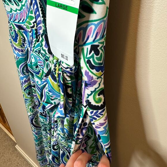 NWT Nina Leonard Green Multi Print Surplice Wide Leg Crop Jumpsuit Womens Large - Picture 4 of 12